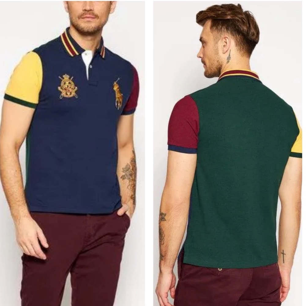 Ralph Lauren Men’s Big Pony Embroidered Crest Color Block Polo Slim Fit Size XXL
